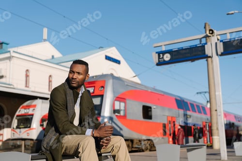 Preview: Stylish man with reusable cup waiting for the train