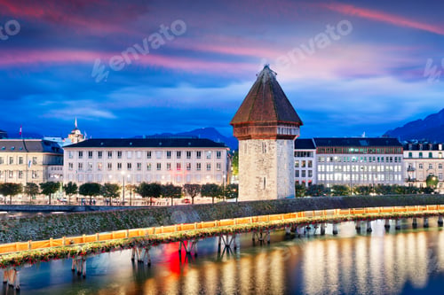 Preview: Lucerne, Switzerland on the Reuss River at Blue Hour