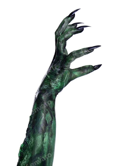 Preview: Scary monster on white background, closeup of hand. Halloween character
