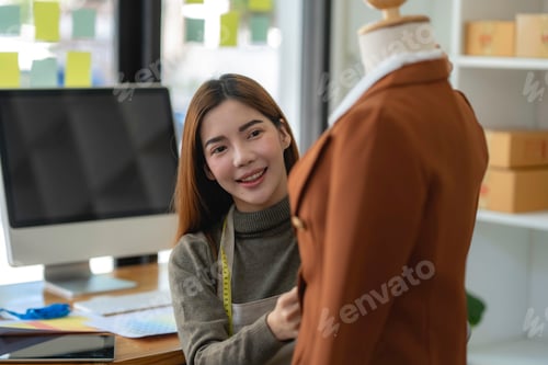Preview: Successful fashion designer. Full length of attractive young asian woman looking at camera with smil