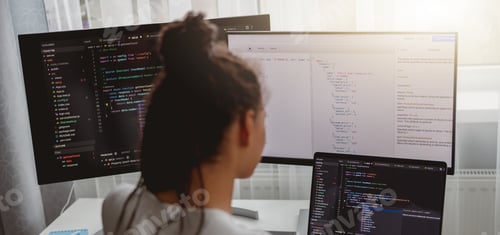 Preview: Back view of woman coding on computer, professional female programmer working in room