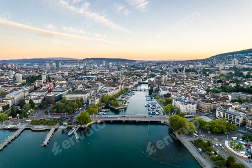 Preview: Aerial drone shot flying above Lake Zurich, Switzerland in sunny day.