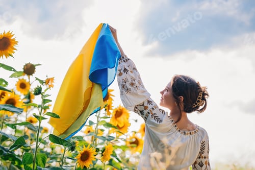 Preview: Young ukrainian woman waving national flag on sunflowers, wheat field background