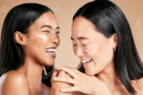 Preview: Happy, beauty and skincare women with cream for face isolated on a beige studio background. Wellnes