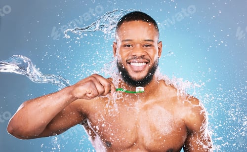 Preview: Black man, face and toothbrush with water and dental, brushing teeth and hygiene on blue background