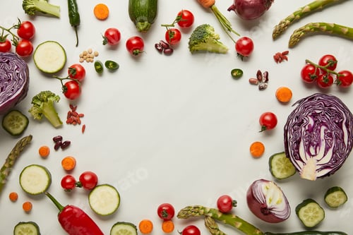 Preview: Flay lay with vegetables and seeds on white surface