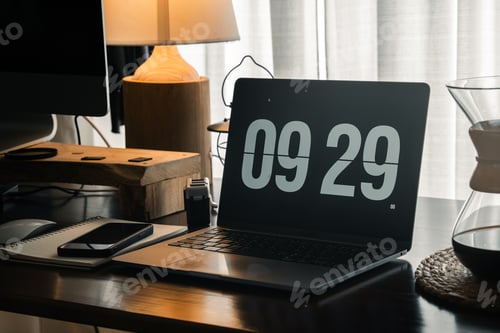 Preview: Home computer desk and digital clock on screen