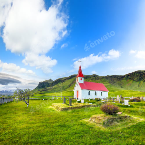 Preview: Impressive view of Reyniskirkja - typical icelandic church on the way to Reynisfjara beach