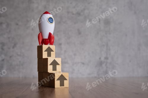 Preview: A stack of wooden blocks with arrows pointing upwards and rocket.