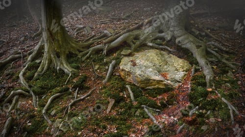 Preview: The trunks of two trees in the forest surrounding a piece of rock in the ground with their roots