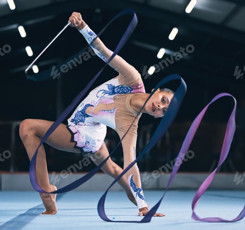 Preview: Portrait of flexible woman, ribbon gymnastics and dance for performance, sports competition and act