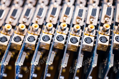 Preview: Close-up blurry metal sockets on a computer video board