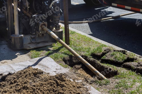 Preview: Low angle view of trenchless laying of communications, pipes and water pipes