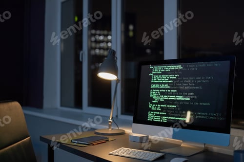 Preview: Workplace of programmer with computer in dark office