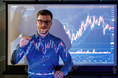 Preview: Professional trainer. Business coach against projector with data