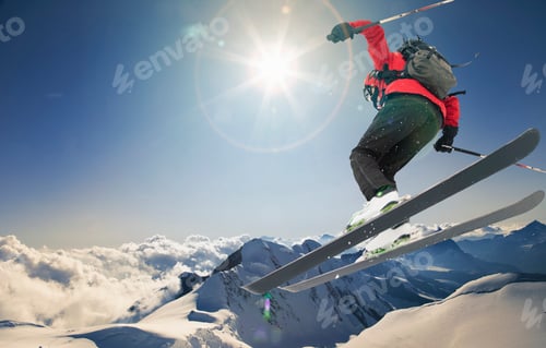 Preview: Skier jumping on ski slope, Chamonix, Mont Blanc, Rhone Alpes, France, Europe