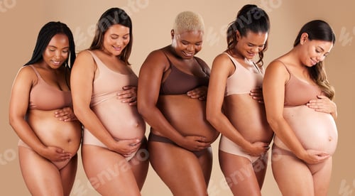 Preview: Happy women, body or holding pregnancy stomach in support line, solidarity or community diversity o