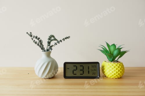 Preview: Bright desk with plants and clock decor
