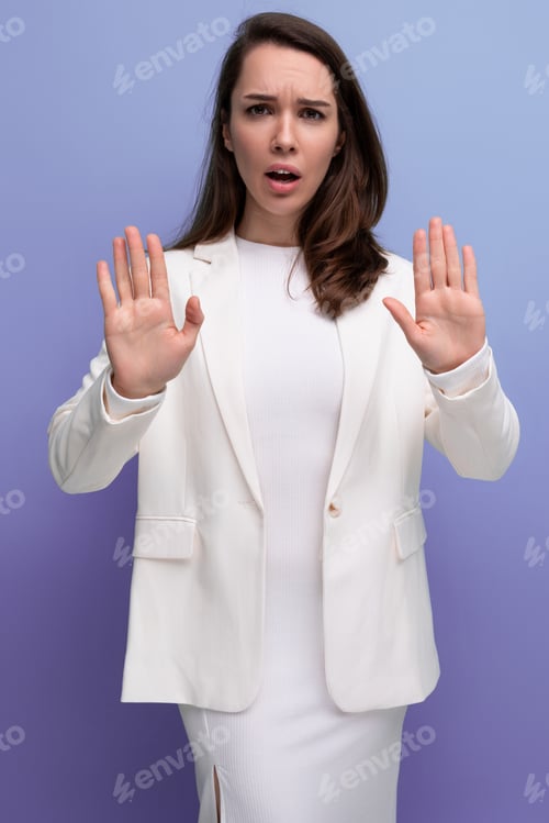 Preview: smart european pretty brunette young woman in dress and jacket