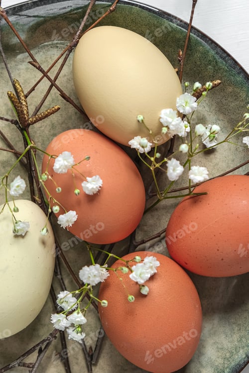 Preview: Happy Easter.Greeting banner postcard with decorative eggs in a basket of pastel colors Handmade.Eas