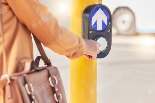 Preview: Press, commute and person cross road at traffic light for travel in street with outdoor pedestrian