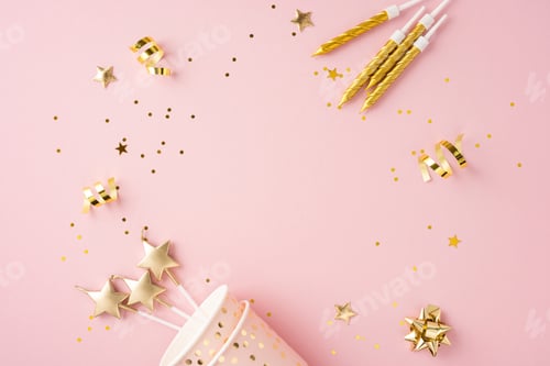 Preview: Elegant birthday celebration scene with golden decorations like stars, ribbons