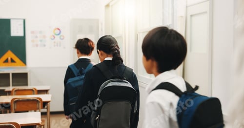 Preview: School, backpack and kids walking in classroom for education, development and growth of students. L
