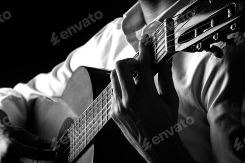 Preview: Adult Man Playing Acoustic Guitar, Black and White