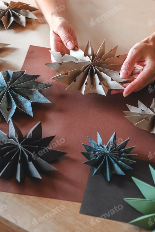 Preview: Christmas gift zero waste, eco friendly hand made box packaging gifts in kraft paper wooden table, e