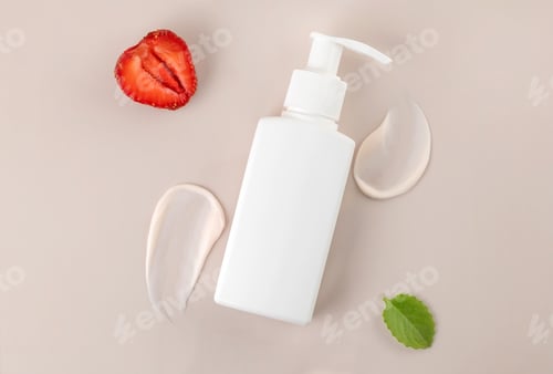 Vista previa: A bottle of moisturizer and strawberries on a beige background
