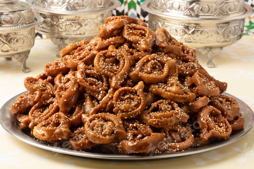 Preview: Plate with traditional Moroccan fresh baked chebakia close up for Ramadan