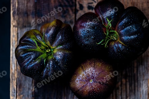 Dark Heirloom Tomatoes with Water Droplets on Wood