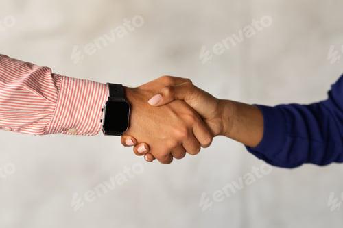 Preview: Unrecognizable businesspeople shaking hands on grey background