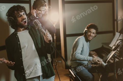 Preview: band of musicians performing song at studio together
