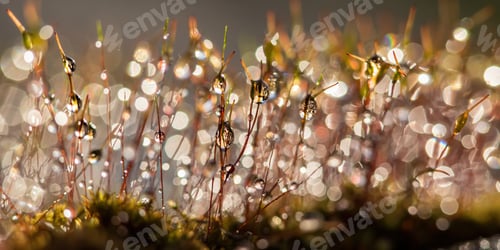 Preview: Natural background, banner. Abstract. Moss with water drops and bokeh in the background.