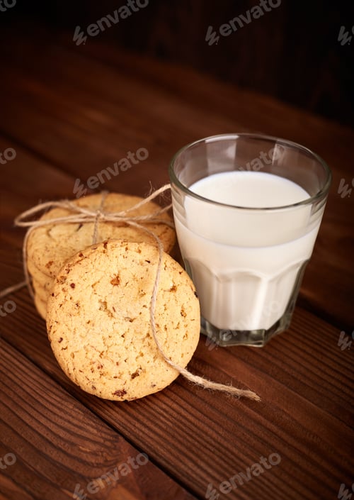 Preview: Cookies And Milk. Chocolate Chip Cookies And A Glass Of Milk. Vintage Look. Tasty Cookies And Glass
