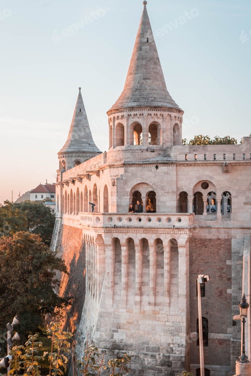 Preview: Exterior design of the fortress of Fisherman's Bastion in Budapest, Hungary and tourists visiting it