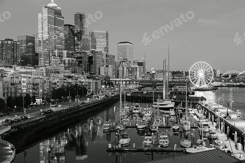 Preview: Seattle waterfront in black and white at dusk.
