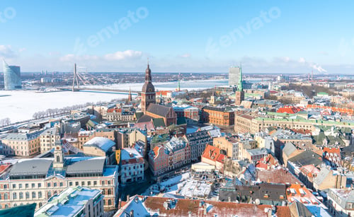 Preview: Aerial shot of the beautiful city of Riga in Latvia in winter