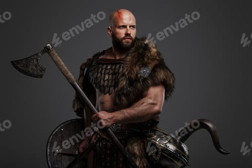 Preview: Viking man in a beard and bald head against a gray background