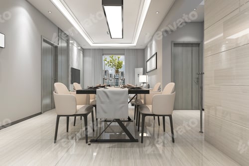 Preview: 3d rendering modern dining room and living room with luxury decor