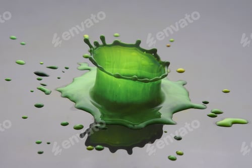Preview: Closeup shot of a green paint splashing on a reflective surface forming a crown