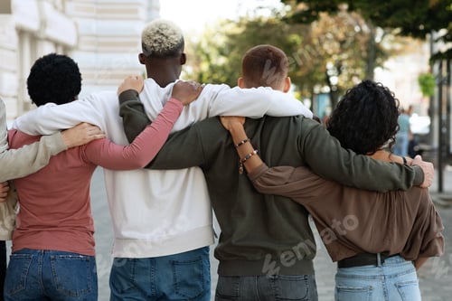 Preview: Back view of people making strike on the street, hugging