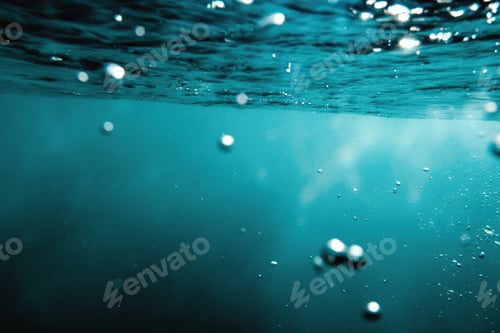 Preview: Underwater View of Bubbles In Deep Blue Ocean. Close Up Water. Background
