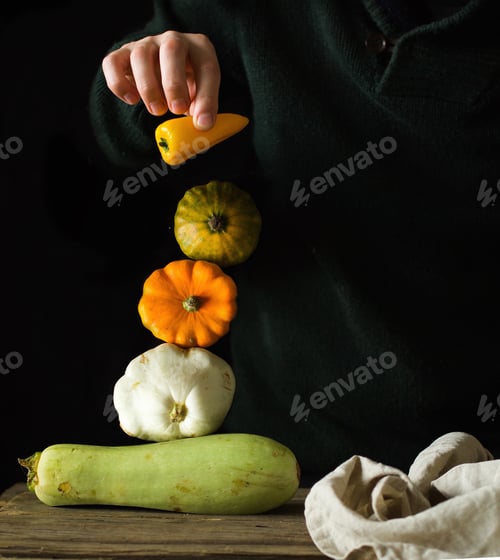 Preview: Balance still life from autumn vegetables harvest, zucchini, peretch, pumpkin in dark style ,