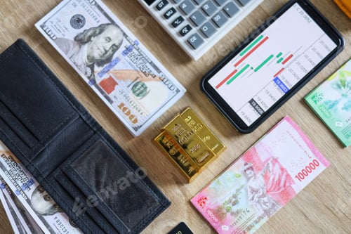Preview: Financial Planning with Money, Gold, and Mobile Devices on Wooden Desk