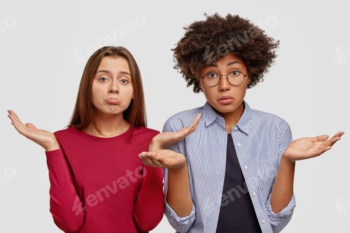 Preview: Clueless mixed race females with uncertain expressions, recieve question, cant answer it, stand next