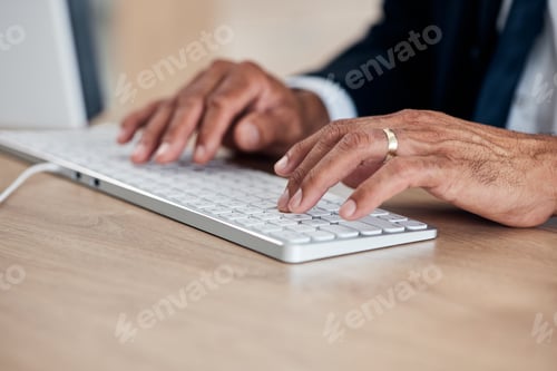 Preview: Hands, keyboard and a business man typing while working on a computer in his office for management.