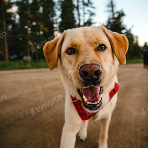 Preview: Closeup shot of an adorable golden retriever face with a bug on its snout