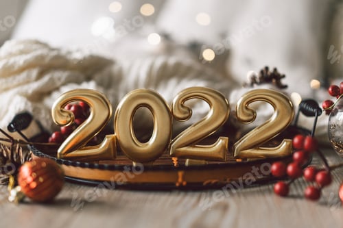 Visualização: Feliz Ano Novo de 2022. Fundo de Natal com pinheiro, cones e decorações de Natal
.